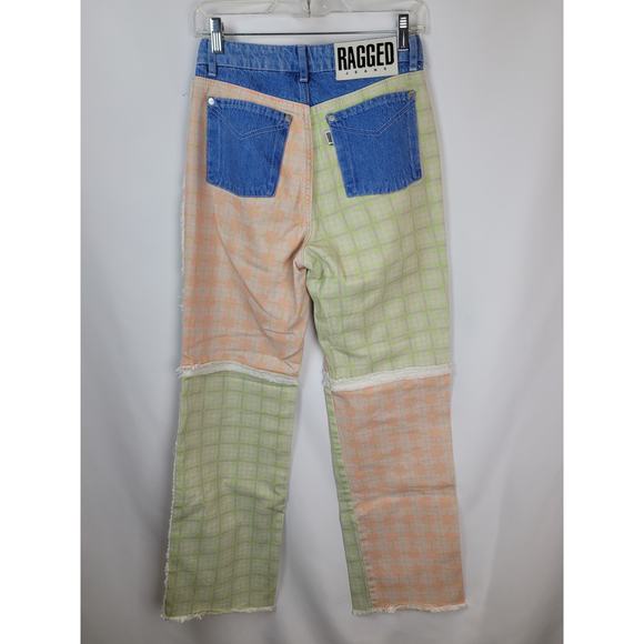 The Ragged Priest Jeans Patchwork Checkered Jeans Lime Green Salmon Blue Sz 26 - Picture 5 of 11